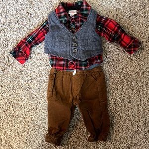 Like brand new 3-piece dressy plaid vest/shirt set w/corduroy pants for NB boy